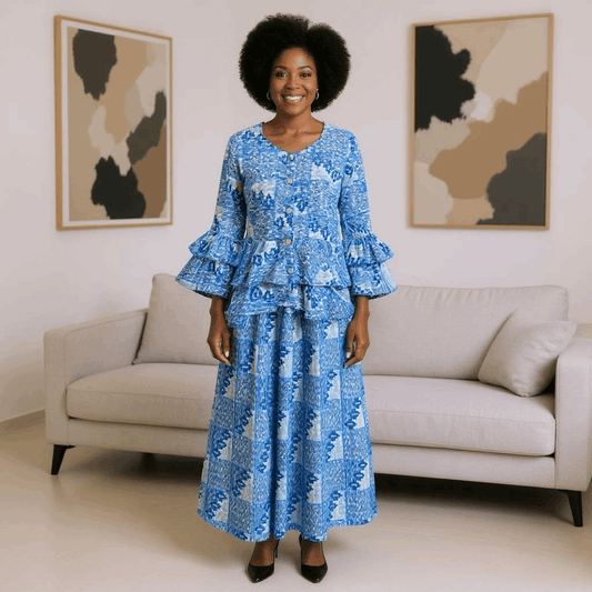 African Style Light Blue Print Top & Skirt Set