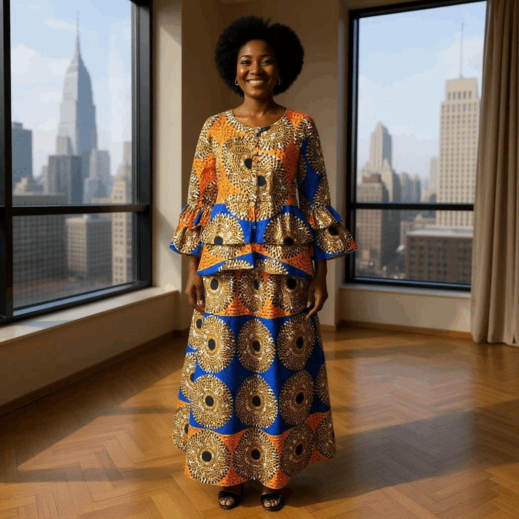 African Style Orange/Blue Disc Print Top & Skirt Set