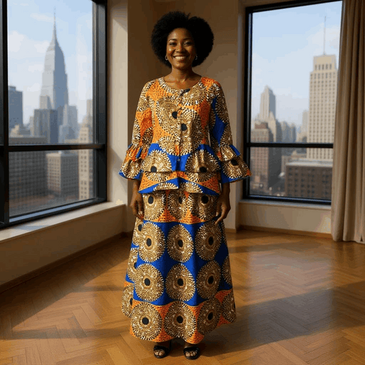 African Style Orange/Blue Disc Print Top & Skirt Set
