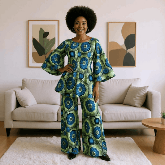 Women's Green Floral African Print Smock Pants Set
