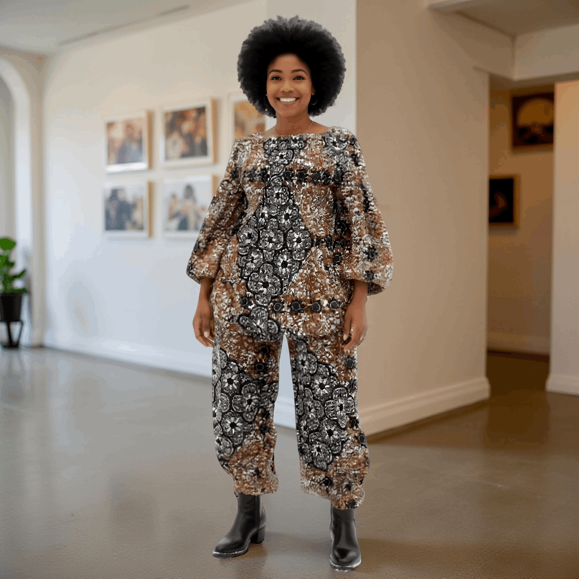 Women's Brown/Black African Print Smock Pants Set