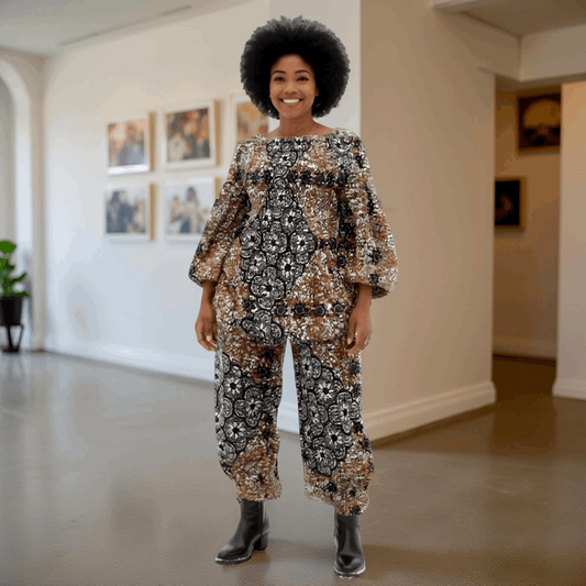 Women's Brown/Black African Print Smock Pants Set