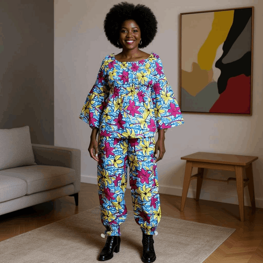 Women's Blue/Pink Multi-Floral African Print Pants Set