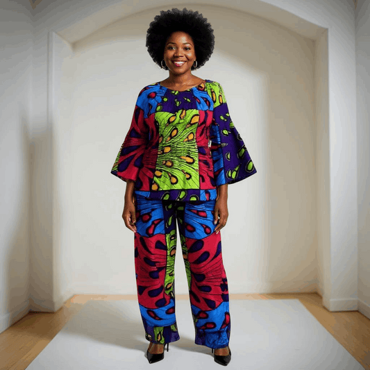 Women's Blue Peacock Multi-Print African Print Pants Set