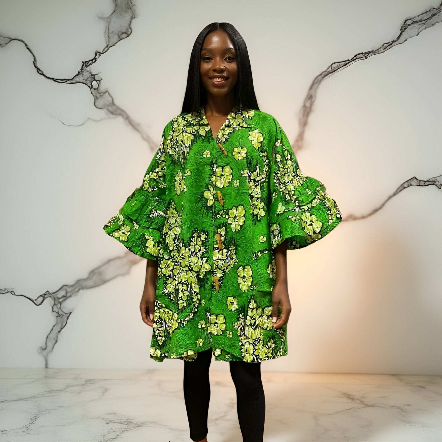 Authentic African Green Floral Print Big Button Dress/Top