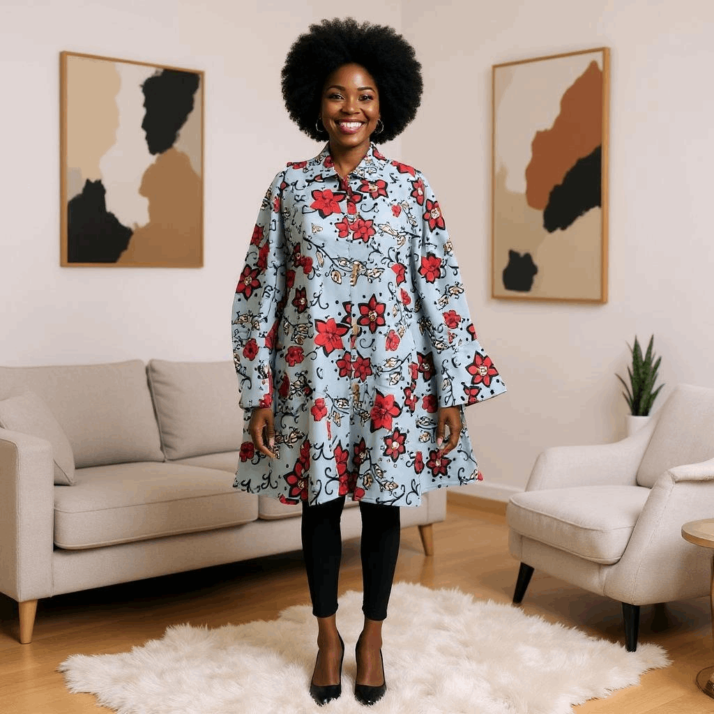 Authentic African Red Floral Print Big Button Tunic Short Dress Blouse Top