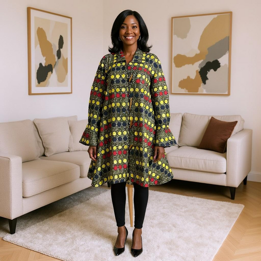 Authentic African Circle Print Big Button Tunic Short Dress Blouse Top