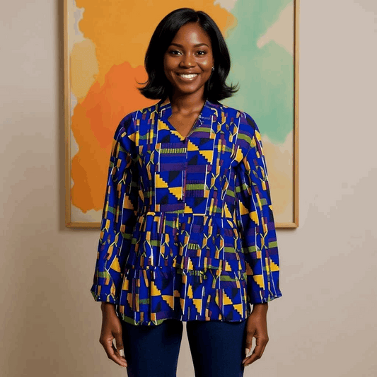 Women's Royal Bule/Multi-Color African Kente Print Top