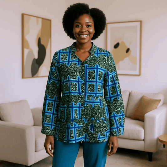 Women's Green/Blue Square Pattern African Print Top