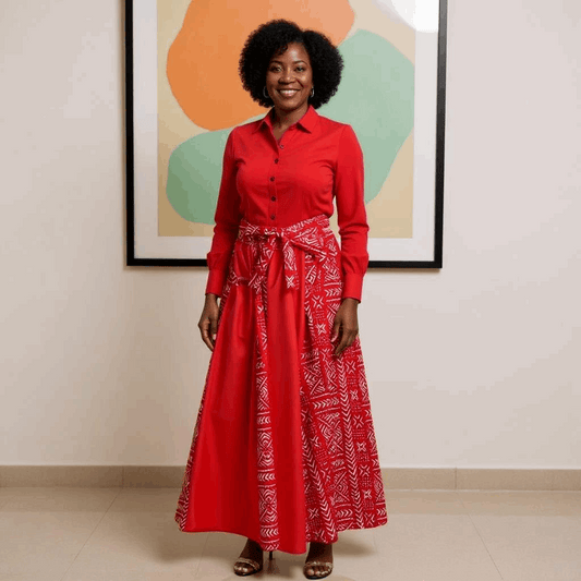 African Red Solid/Mud Print Long Skirt