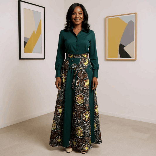 African Green Solid/Starry Multi Print Long Skirt