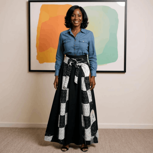 African Style Black/White Checkered Print Long Skirt