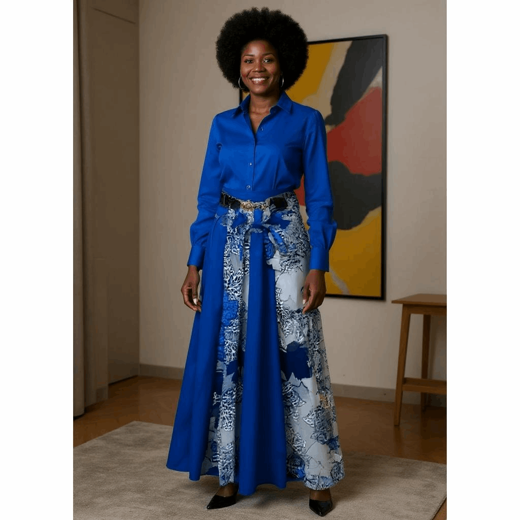 African Style Solid/Blue Print Long Skirt