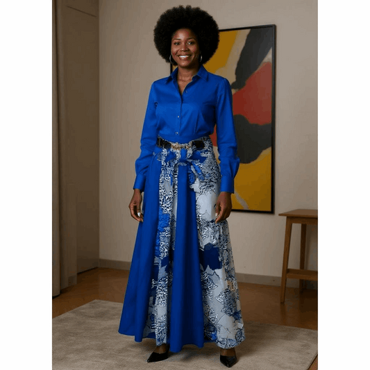 African Style Solid/Blue Print Long Skirt