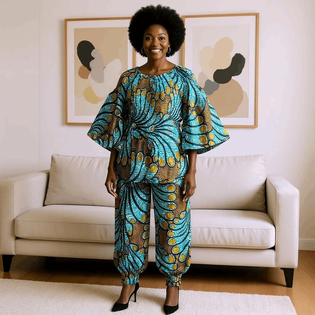 Women's Turquoise African Print Smock Pants Set