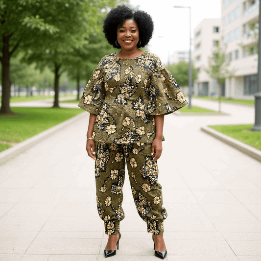 Women's Brown Floral African Print Smock Pants Set
