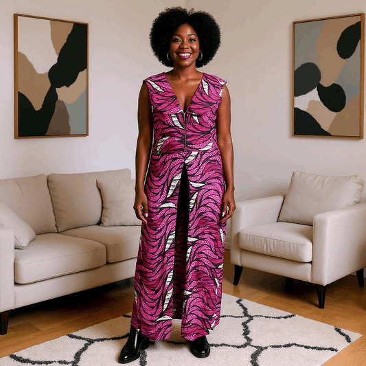 Long Sleeveless Magenta African Print Vest