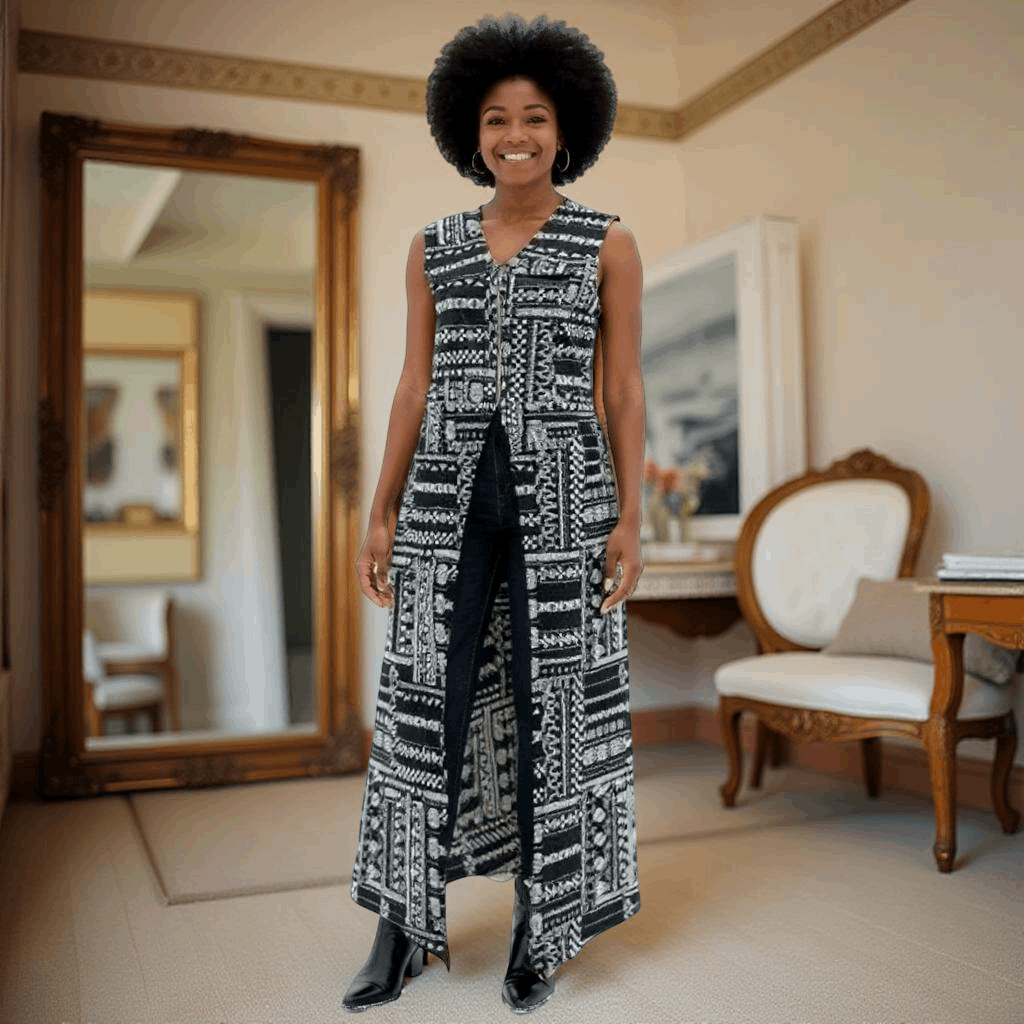 Long Sleeveless Black and White African Print Vest
