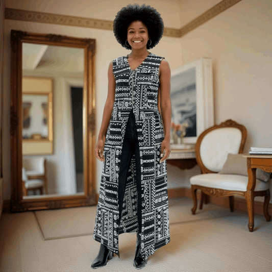 Long Sleeveless Black and White African Print Vest