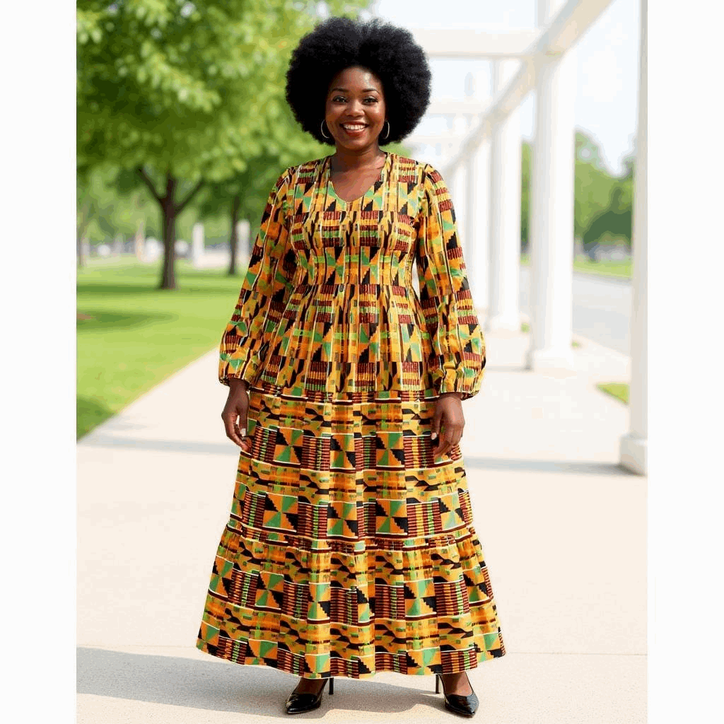 Women's African Kente Print Tier Smocked Dress
