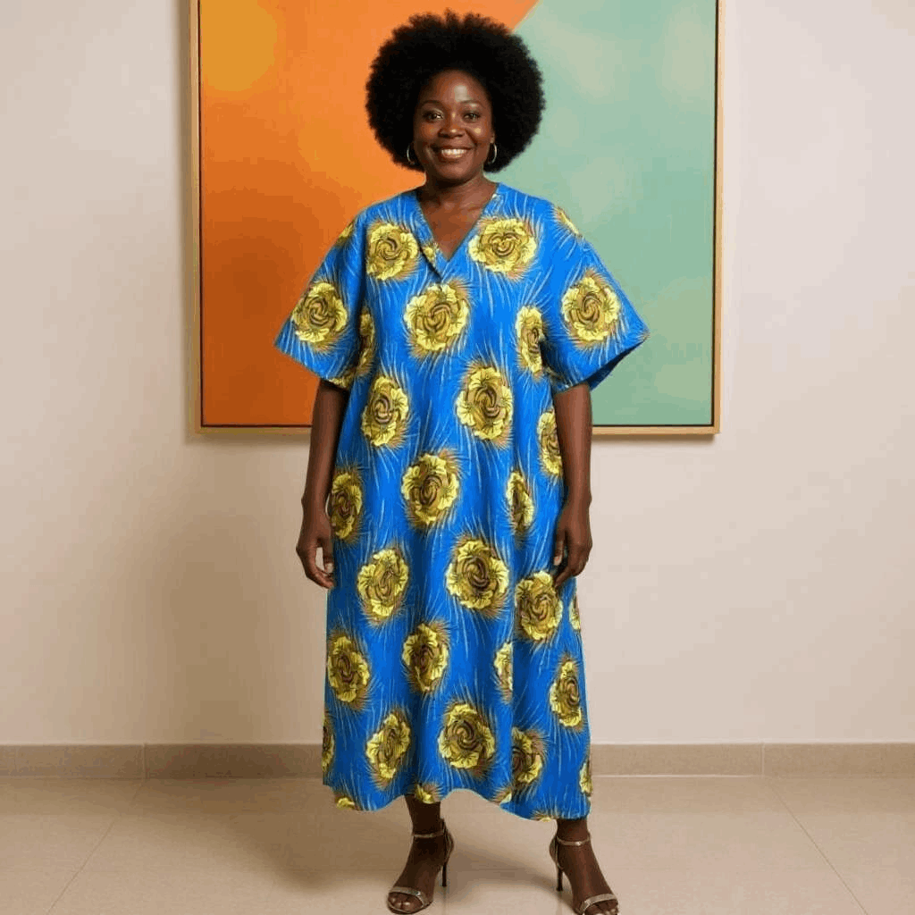 Royal Blue Floral Print Large Kaftan Dress