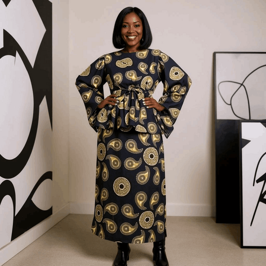 African Black/Gold Print Split Skirt Set (M)