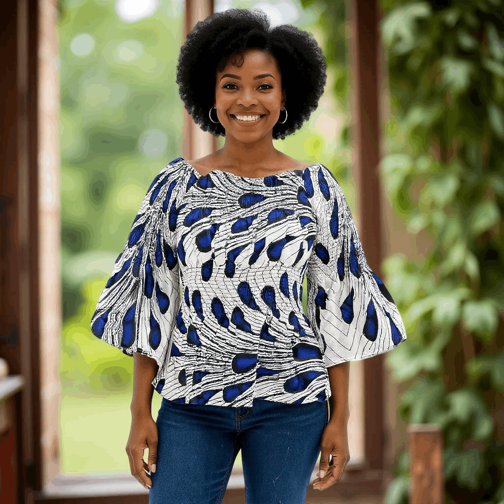 African White/Blue Peacock Print Off Shoulder Smocked Peplum Blouse