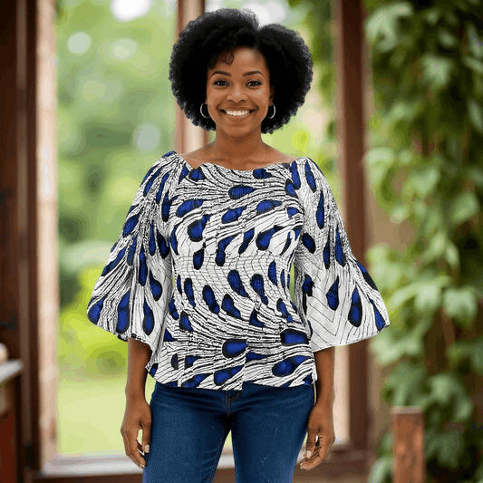 African White/Blue Peacock Print Off Shoulder Smocked Peplum Blouse