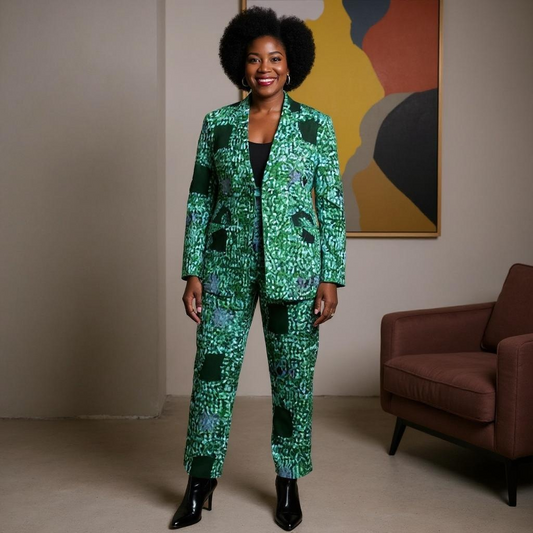 Women's Green African Print Blazer and Pants Set
