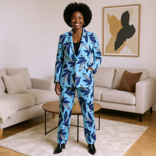 Women's Light Blue African Print Blazer and Pants Set