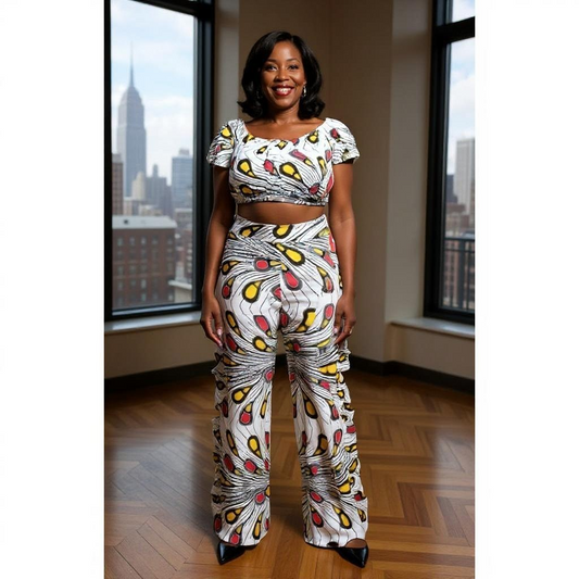 African Print Crop Top and Frill Pants Set