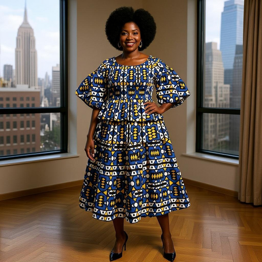 African Blue/Yellow Print Short Skirt & Clutch Set