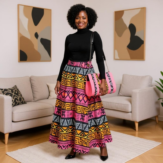 African Coral Ankara Print Long 8 Panel Skirt & Handbag Set