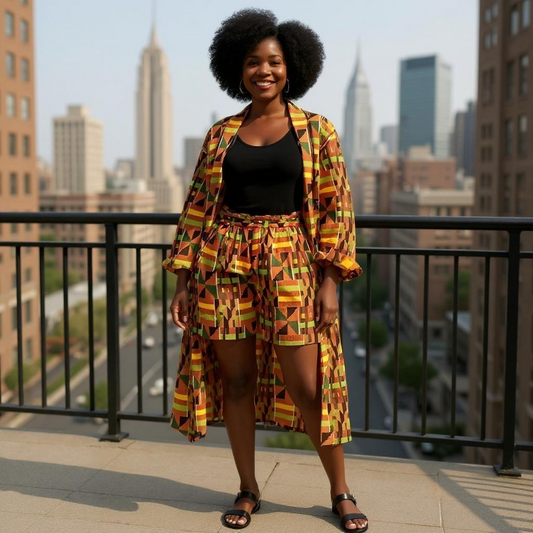 African Kente Print Style1 Duster & Shorts Set