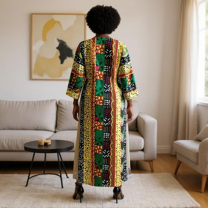 African Ankara Print Long Duster & Pants Set (Green/Yellow Multi-Print)