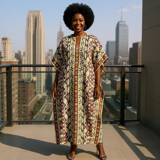 Women African Tribal Print Brown Kaftan Dress