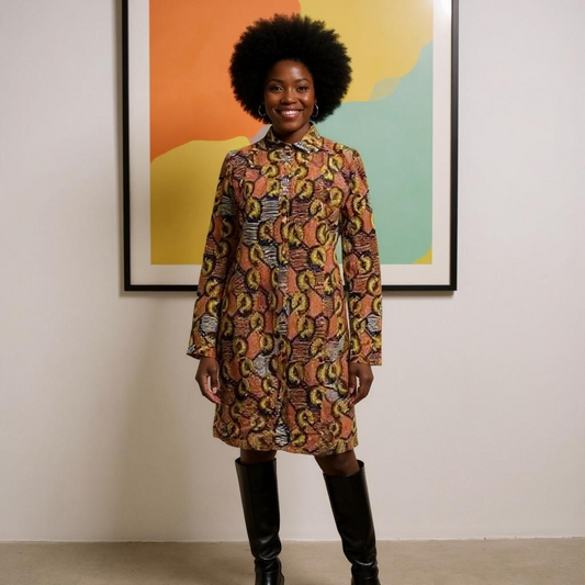 Brown/Yellow/Orange African Print Button Down Dress (XL)