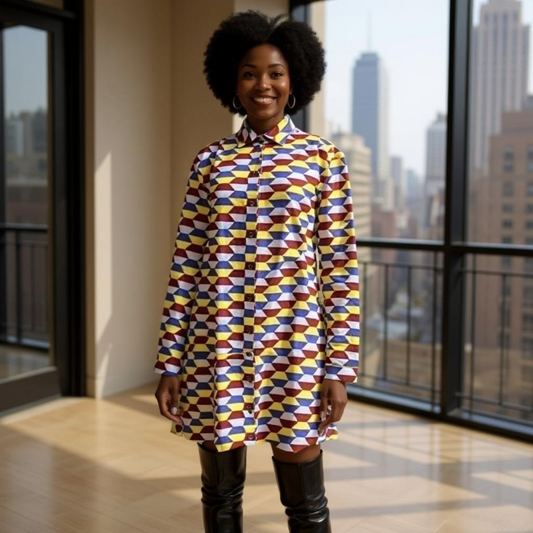 Purple/Yellow/Red African Print Button Down Dress (3XL)