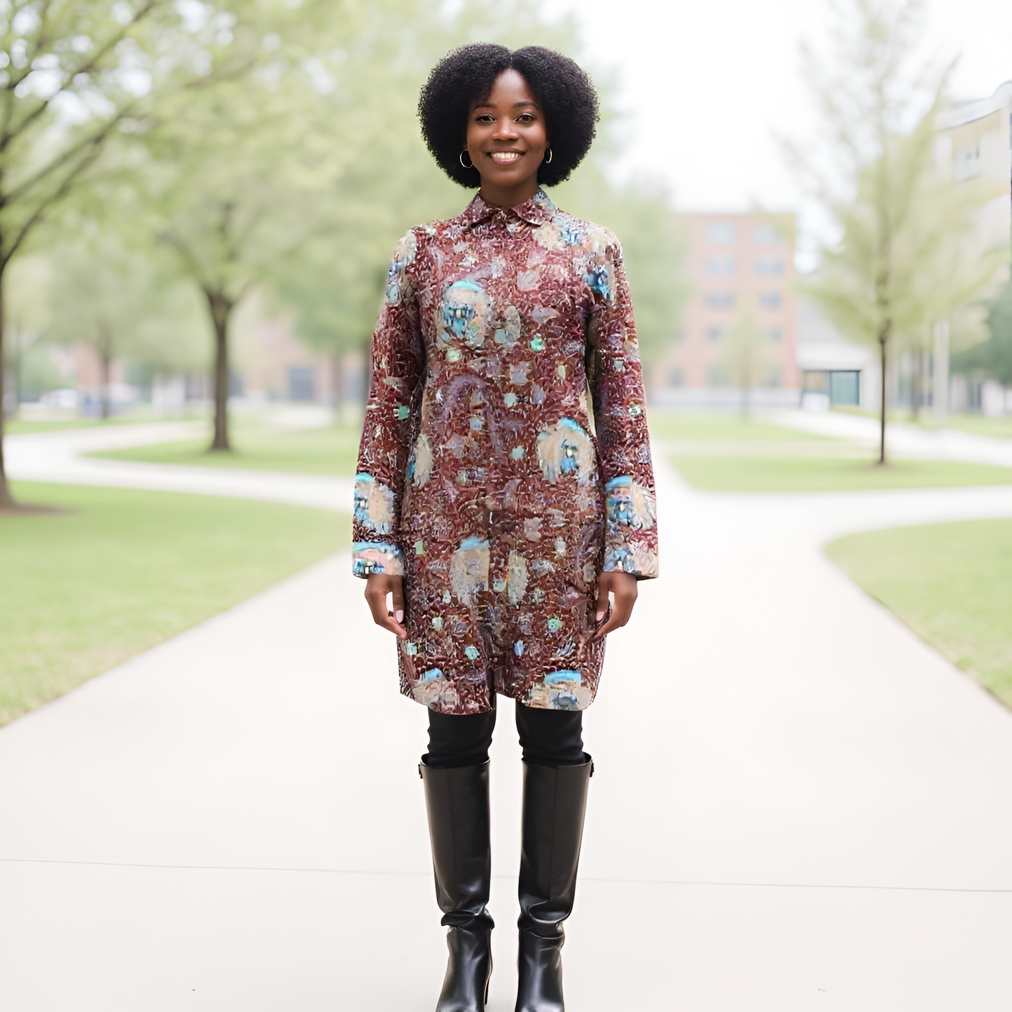 Maroon/Lt. Blue/Yellow African Print Button Down Dress (XL)