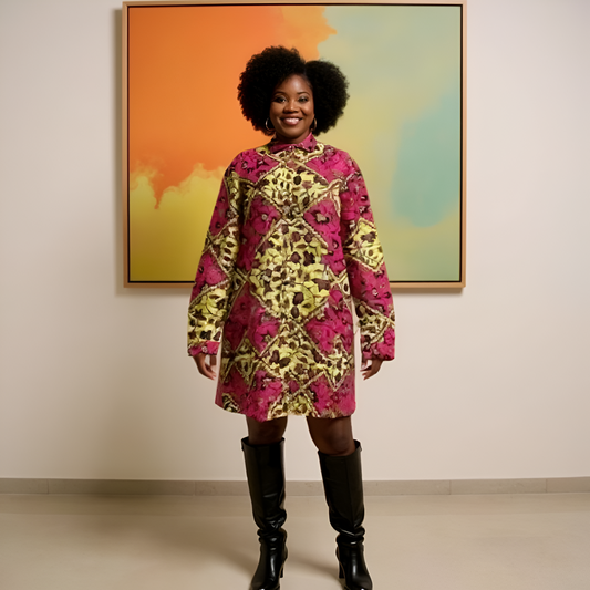 Pink/Olive African Print Button Down Dress (3XL)