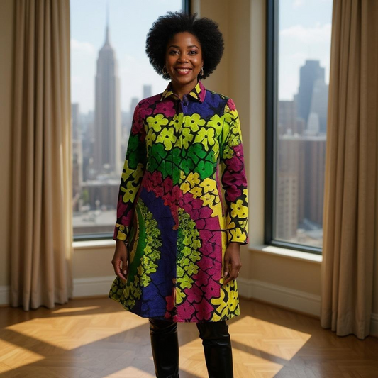 Bold Multi-Colorful African Star Print Button Down Dress
