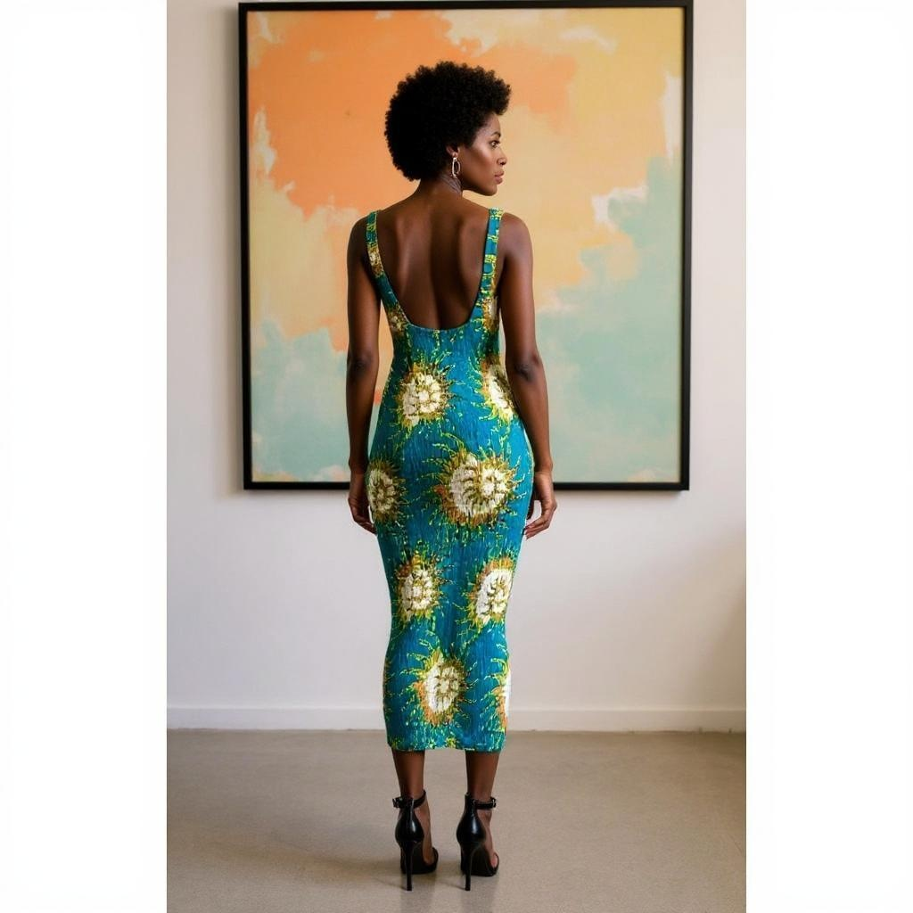 African Print Stretchy Ankara (Green Sun) Print Dress