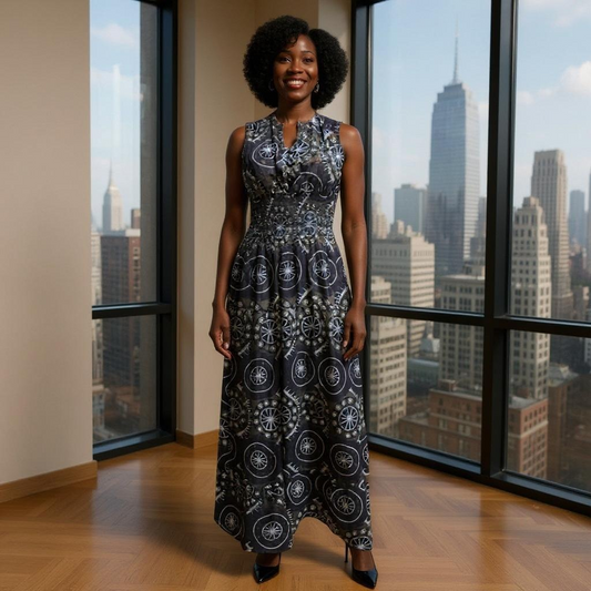 Authentic African Wax Print Three Button Long Dress (Black/White)