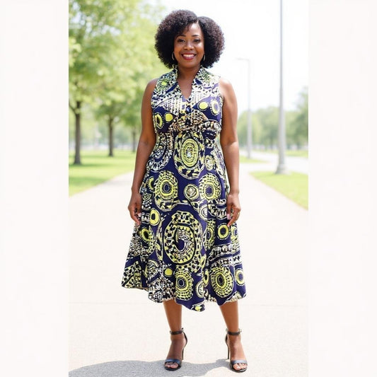 Authentic African Print Three Button Short Dress (Purple/Yellow)