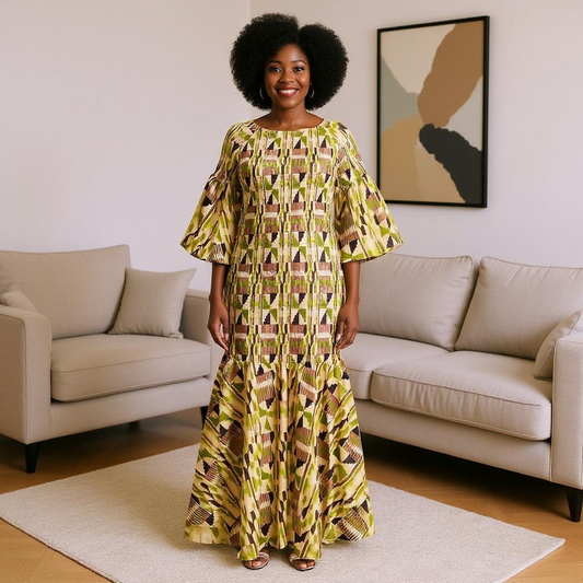 Women's African Kente Print Smock Mermaid Maxi Dress
