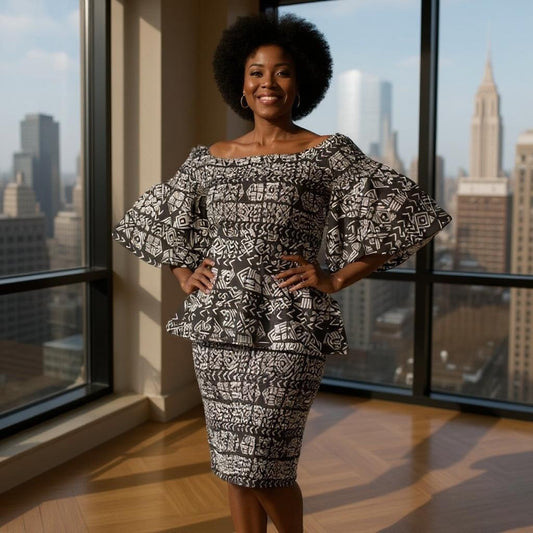 African Double Layer Black/White Print Top & Pencil Skirt Set
