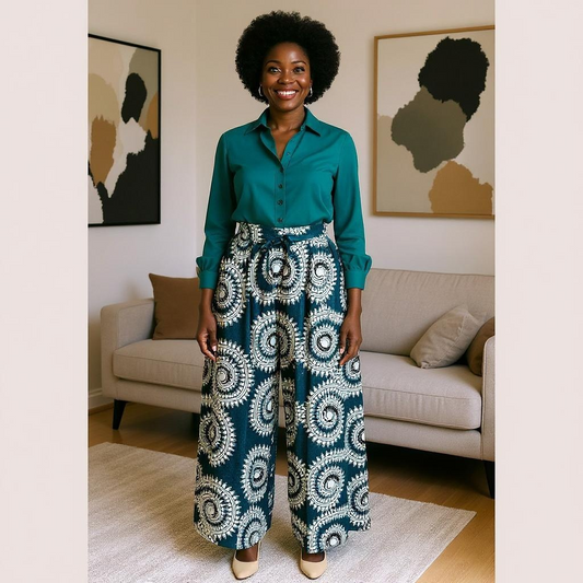 Authentic African Teal/White Print Cape Pants