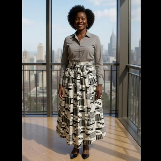 African Black/White Print Long Skirt