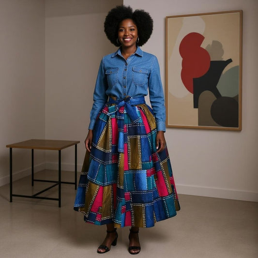 Authentic African Ankara Print Skirt (Multi-Color Denim)