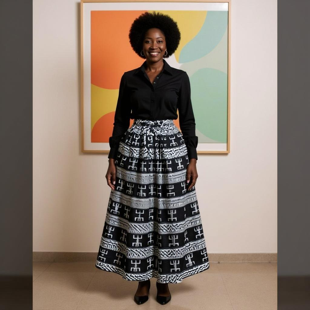 African Print White/Black Maxi Aztec Skirt
